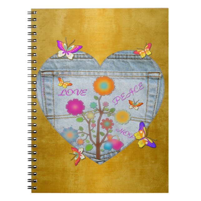 Denim Pocket Heart Blume Butterflies Notebook Notizblock (Vorderseite)