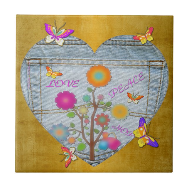 Denim Pocket Heart Blume Schmetterlinge auf Gold Fliese (Vorderseite)