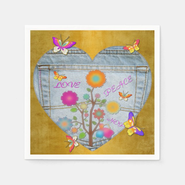 Denim Pocket Heart Blume Schmetterlinge auf Gold Serviette (Vorderseite)