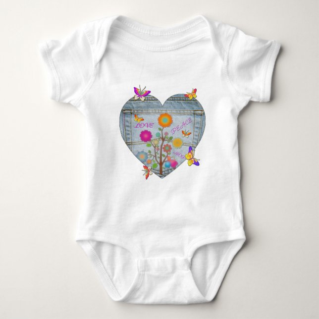 Denim Pocket Heart Blume Schmetterlinge Baby Strampler (Vorderseite)