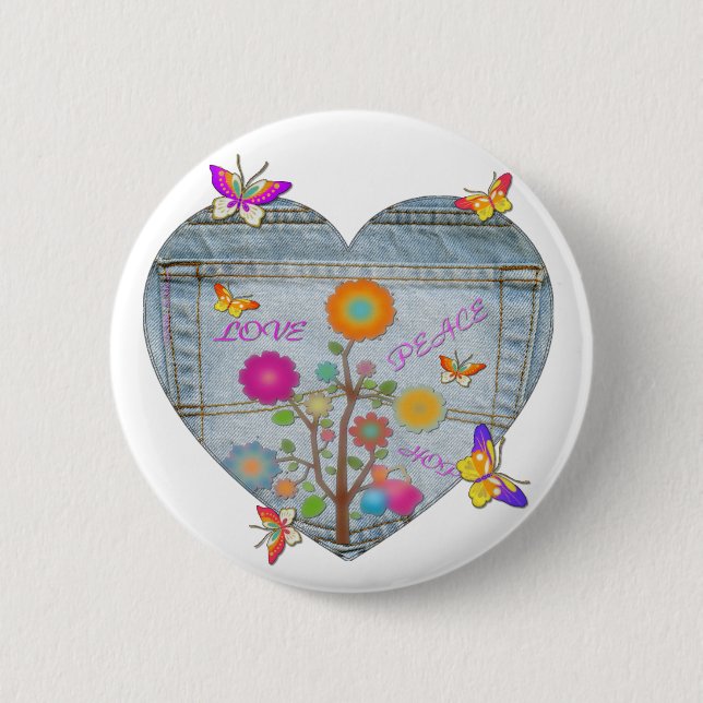 Denim Pocket Heart Blume Schmetterlinge Button (Vorderseite)