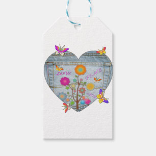 Denim Pocket Heart Blume Schmetterlinge Geschenkanhänger