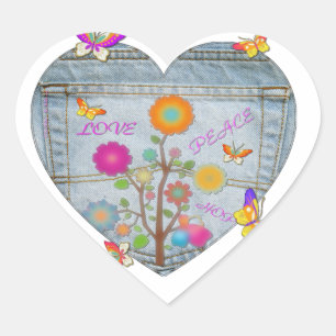 Denim Pocket Heart Blume Schmetterlinge Herz-Aufkleber