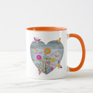 Denim Pocket Heart Blume Schmetterlinge Kaffee Tas Tasse