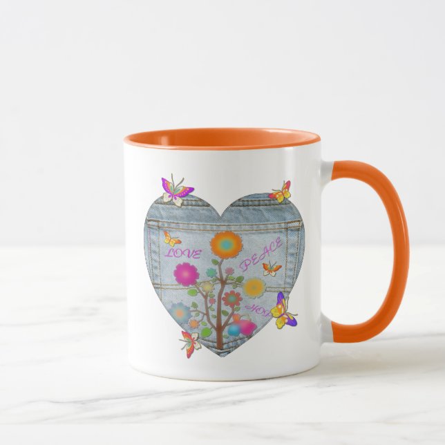 Denim Pocket Heart Blume Schmetterlinge Kaffee Tas Tasse (Rechts)