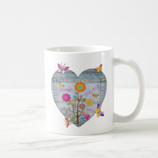 Denim Pocket Heart Blume Schmetterlinge Kaffeetasse (Rechts)
