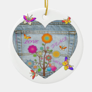 Denim Pocket Heart Blume Schmetterlinge Keramikornament