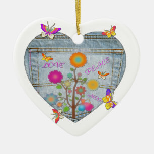 Denim Pocket Heart Blume Schmetterlinge Keramikornament