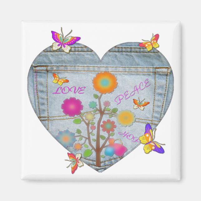 Denim Pocket Heart Blume Schmetterlinge Magnet (Vorne)