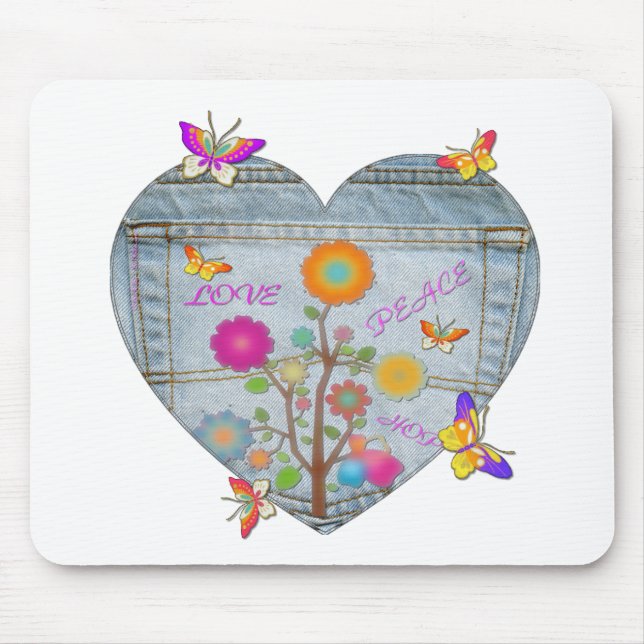 Denim Pocket Heart Blume Schmetterlinge Mousepad (Vorne)