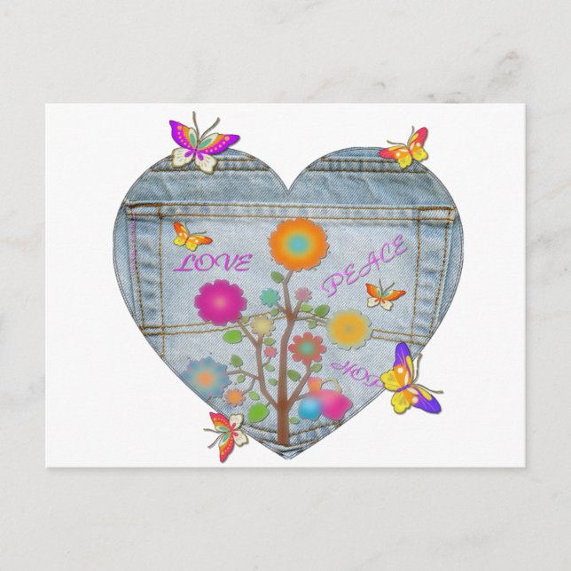 Denim Pocket Heart Blume Schmetterlinge Postkarte (Vorderseite)
