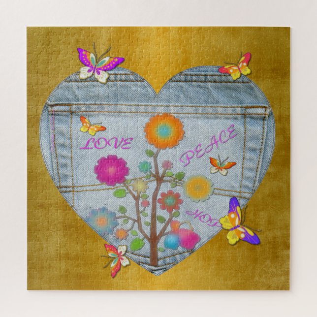 Denim Pocket Heart Blume Schmetterlinge Puzzle (Vertikal)