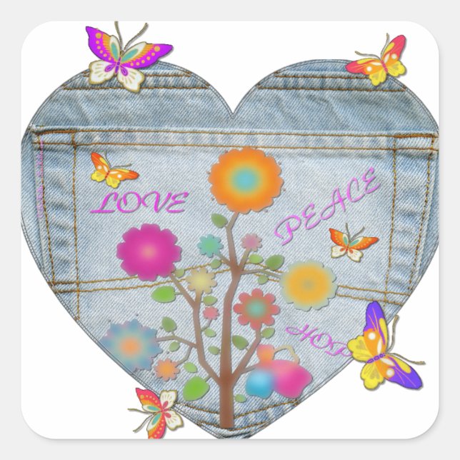 Denim Pocket Heart Blume Schmetterlinge Quadratischer Aufkleber (Vorderseite)