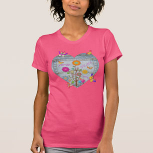 Denim Pocket Heart Blume Schmetterlinge rosa T-Shirt