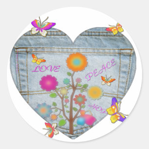 Denim Pocket Heart Blume Schmetterlinge Runder Aufkleber