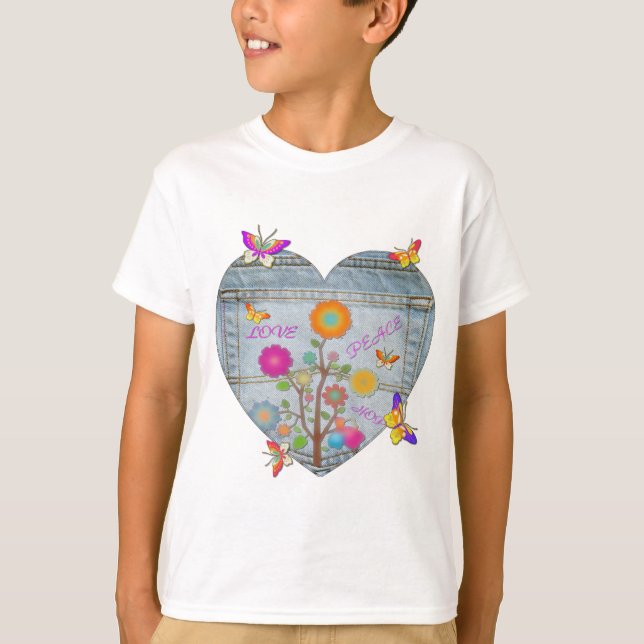Denim Pocket Heart Blume Schmetterlinge T-Shirt (Vorderseite)