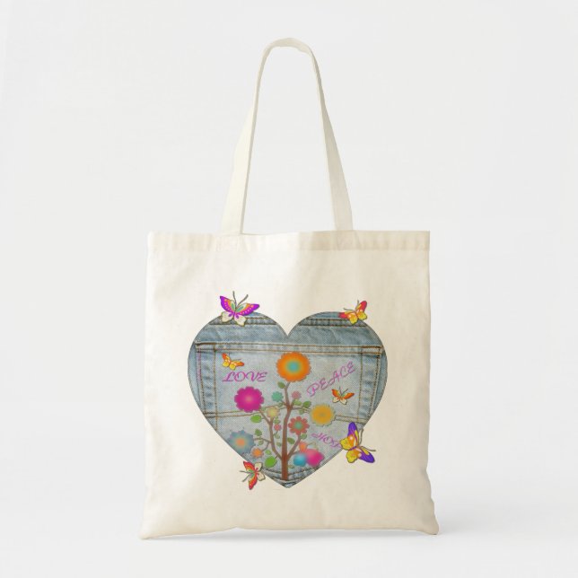 Denim Pocket Heart Blume Schmetterlinge Tote Tasch Tragetasche (Vorne)