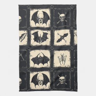Denim Quilt mit Fledermäusen und Skeletten Geschirrtuch