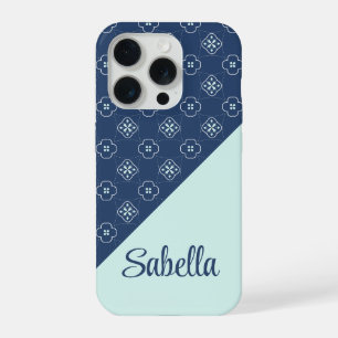 Denim-Stil Blau und Mint-Blumen-Kachelmuster iPhone 15 Pro Hülle