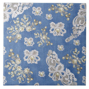 Denim Textured Lace und Pearls Fliese