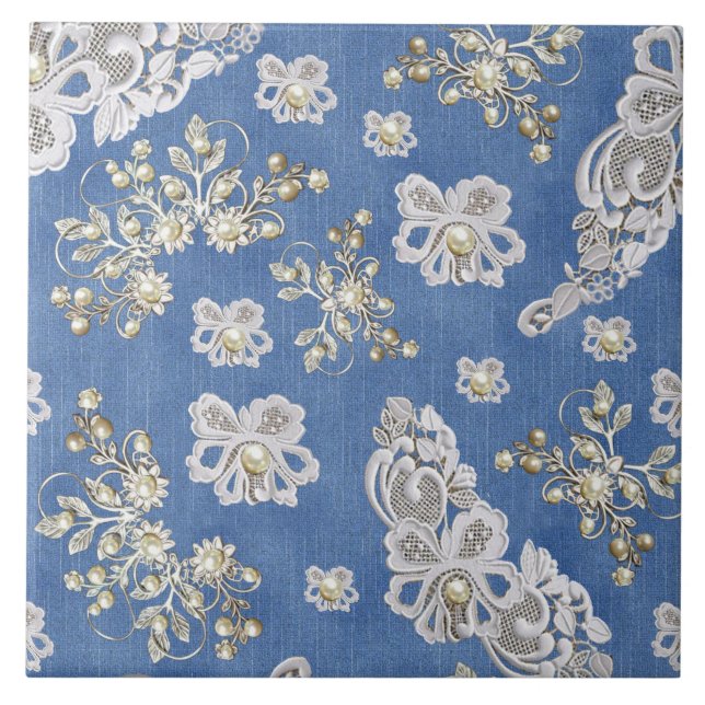 Denim Textured Lace und Pearls Fliese (Vorderseite)