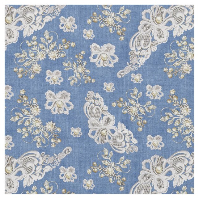 Denim Textured Lace und Pearls Stoff (Nahaufnahme)