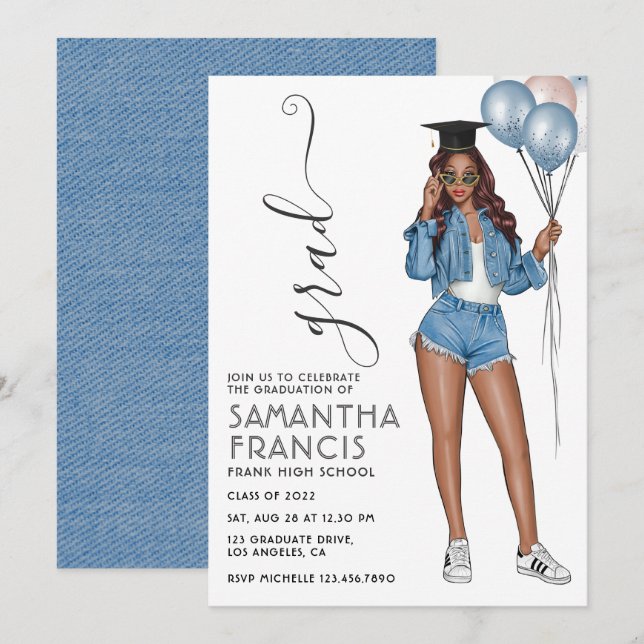 Denim themed Girl Graduation Party Einladung (Vorne/Hinten)