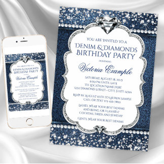 Denim und Diamond Bling Einladungen zur Geburtstag