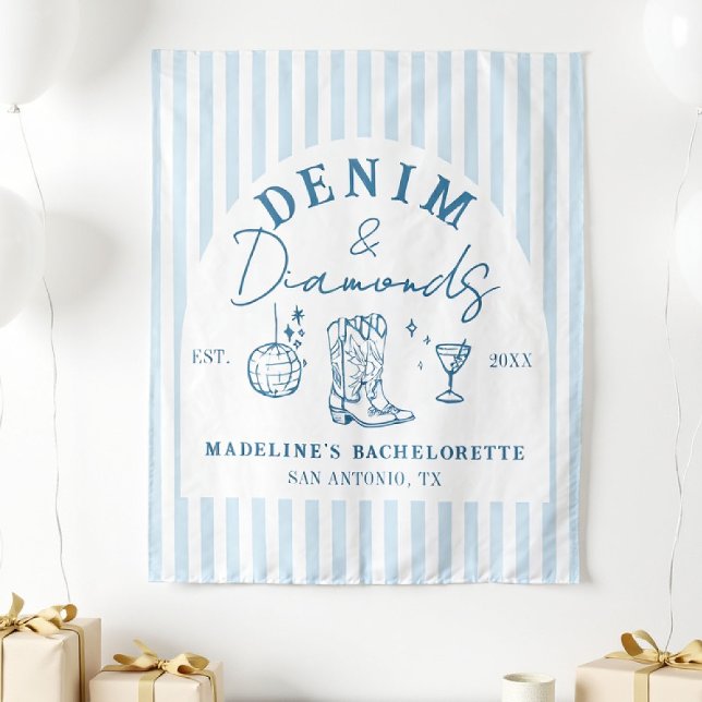 Denim und Diamonds Bachelorette Hintergrund Gezeic Wandteppich (denim diamonds bachelorette backdrop photo booth hand drawn cowgirl blue white stripes)