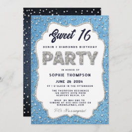 Denim und Diamonds Glitzer Rahmen Sweet 16 Party Einladung
