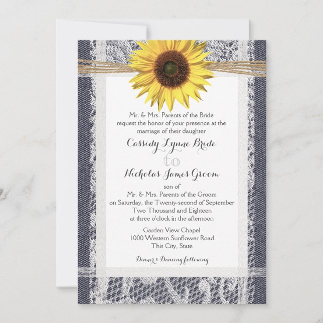 Denim und Lace Sunflower Wedding Einladung (Vorderseite)