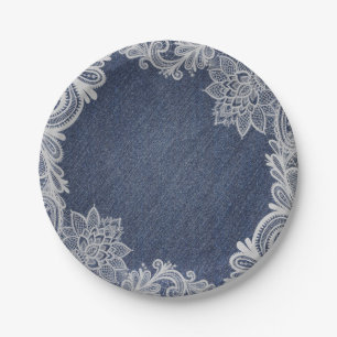 Denim und weiße Blumen-Spitze elegante Vintage-Hoc Pappteller