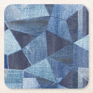 Denim Urban: Distressed Streifen-Patchwork. Rechteckiger Pappuntersetzer