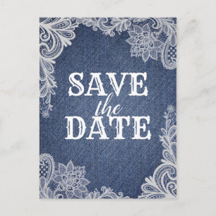 Denim & White Blumen-Spitze Elegant Save The Date Ankündigungspostkarte