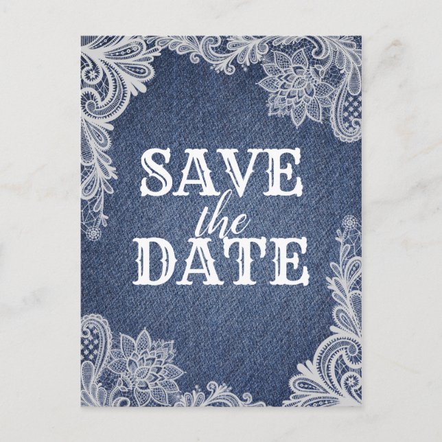 Denim & White Floral Lace Elegant Save the Date Ankündigungspostkarte (Vorderseite)