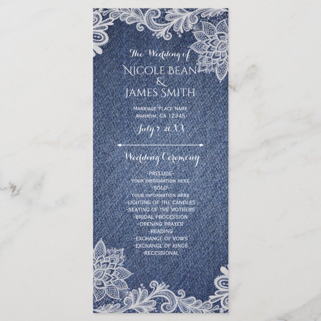 Denim & White Floral Lace Wedding Program Rack Programm (Vorderseite)
