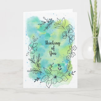 Denk an dich blaue Türkis-Aquarellblumen leer Karte