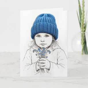 Denk an Dich Mädchen mit einem blauen Strickhut Karte