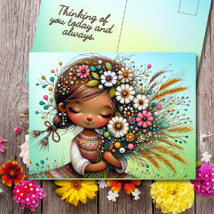 Denk an Dich Retro-Mädchen-Blumen Postkarte