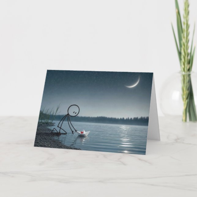 Denk an Dich Strichmännchen mit Papierboot Karte (Vorderseite)