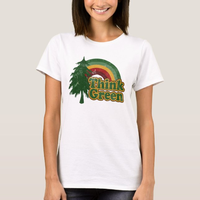 Denke ökologisch, Retro Regenbogen und Baum T-Shirt (Vorderseite)