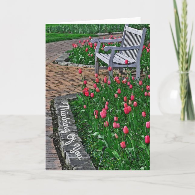 "DENKEN"/BENCH IN PARK MIT PINKTULIPS KARTE (Vorderseite)