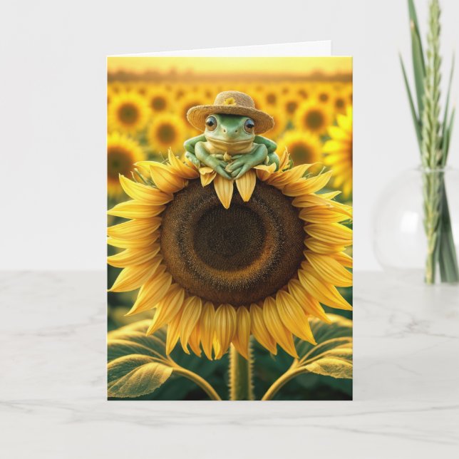Denken Sie an Frog auf einer Sonnenblume Karte (Vorderseite)