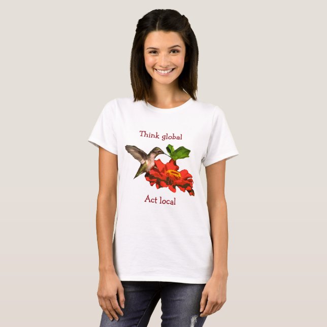 Denken Sie an Global Act Local Hummingbird auf Blu T-Shirt (Vorne ganz)