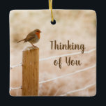 Denken Sie an Ihren Vogel auf einem Zaun Post Orna Keramikornament<br><div class="desc">Kleiner Vogel sitzt auf einem Zaunpfosten. Im Text steht "Denken an dich"</div>