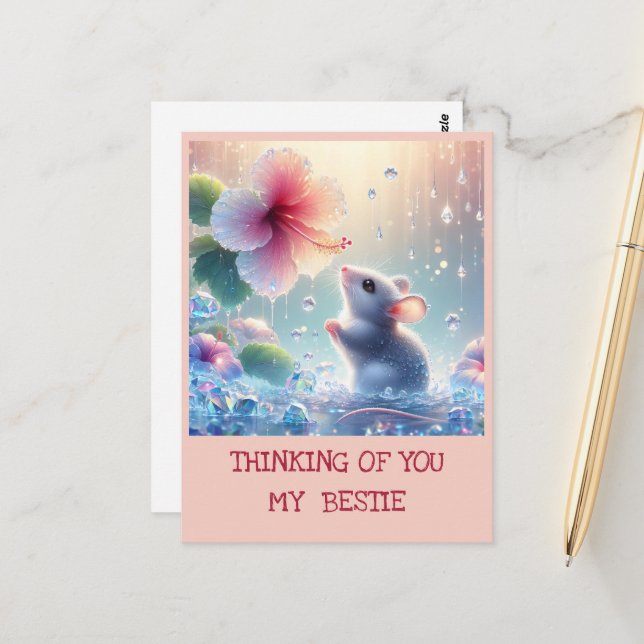 Denken Sie an Pink Blush Blume Mystische Maus Postkarte (Vorderseite/Rückseite Beispiel)