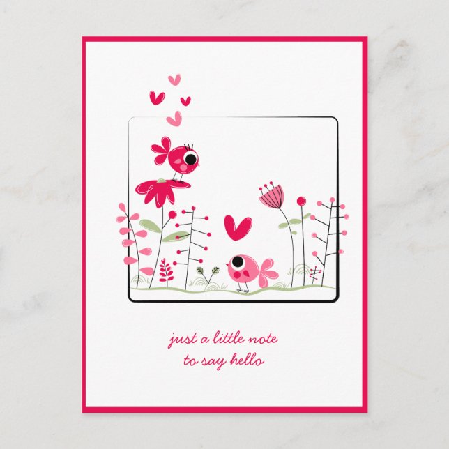 Denken Sie an Pink Whimsical Pink Birds Blume Postkarte (Vorderseite)