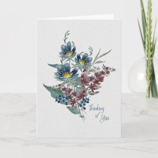 Denken Sie an Sie - Elegant Blue & Plum Wasserfarb Karte (Vorderseite)