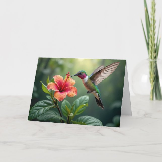 Denken Sie an Sie Hummingbird an einem Hibiskus Karte (Vorderseite)
