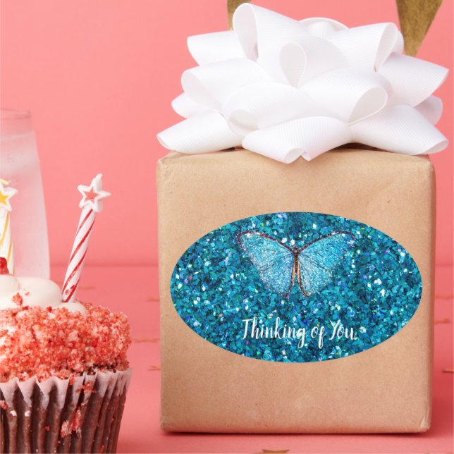 Denken Sie an Sie, Shiny Blue Glitzy Template Ovaler Aufkleber (Party)